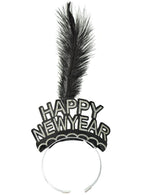 Image of Sparkly Silver Happy New Year Party Headband with Feather - Main Image