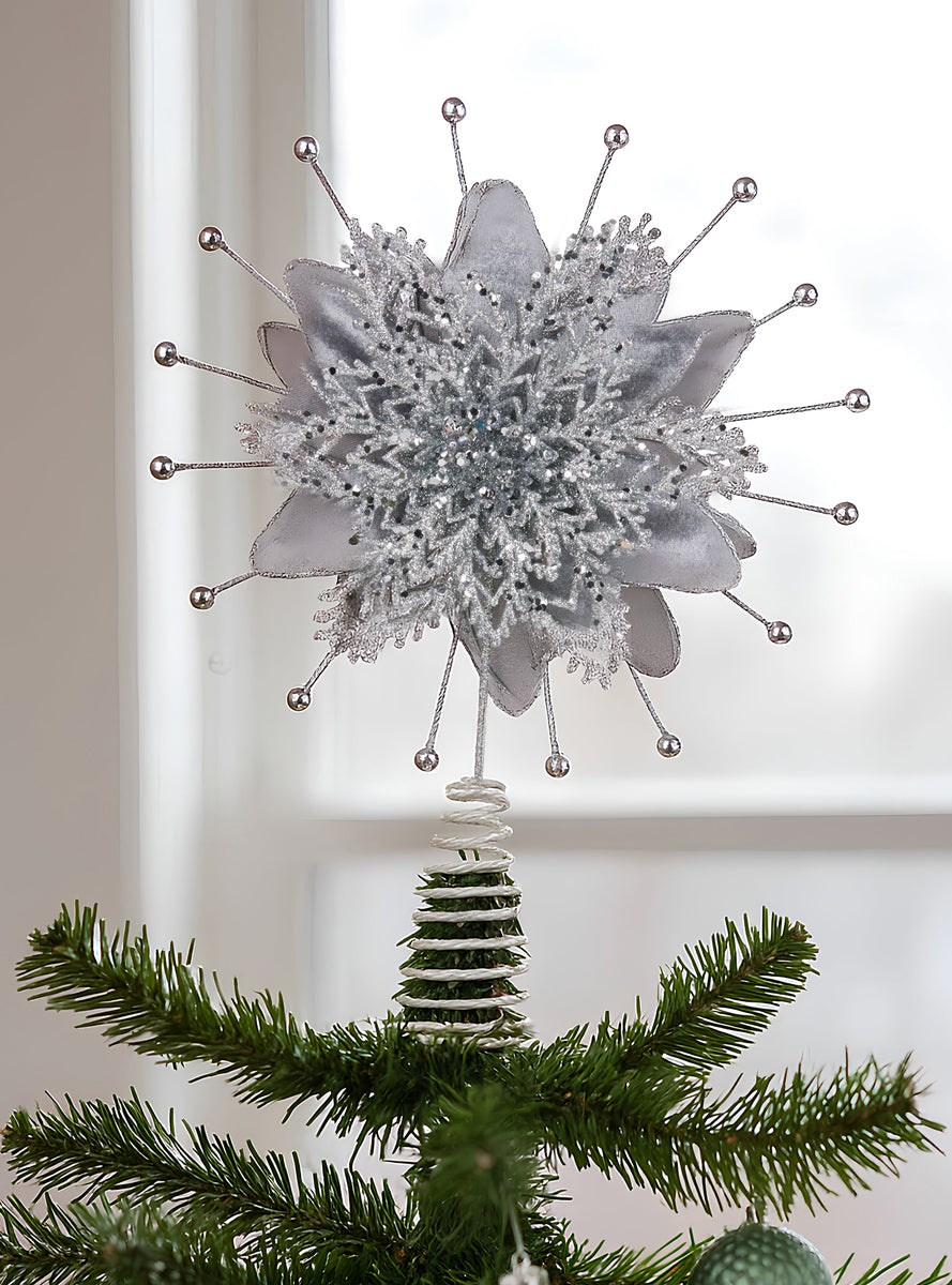 Silver Glitter Poinsettia Christabelle Christmas Tree Topper Decoration - Lifestyle Image