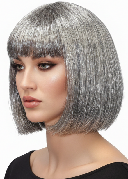 Womens Silver Tinsel Bob Costume Wig With Fringe - main image