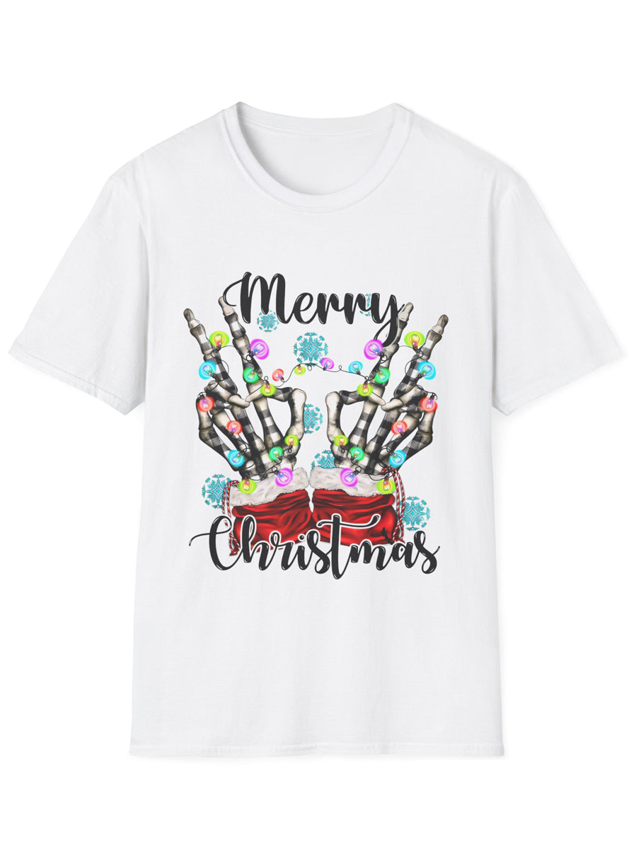 White Christmas T-Shirt with Skeleton Peace Hands Print