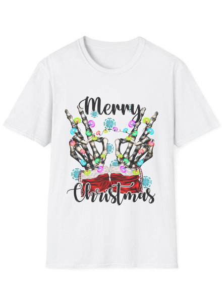 White Plus Size Christmas T-Shirt with Skeleton Peace Hands Print
