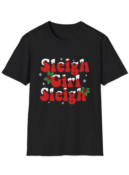 Adults Black Plus Size Christmas T-Shirt with Sleigh Girl Sleigh Print