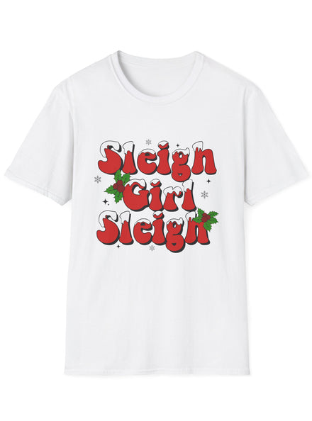 Adults White Christmas T-Shirt with Sleigh Girl Sleigh Print