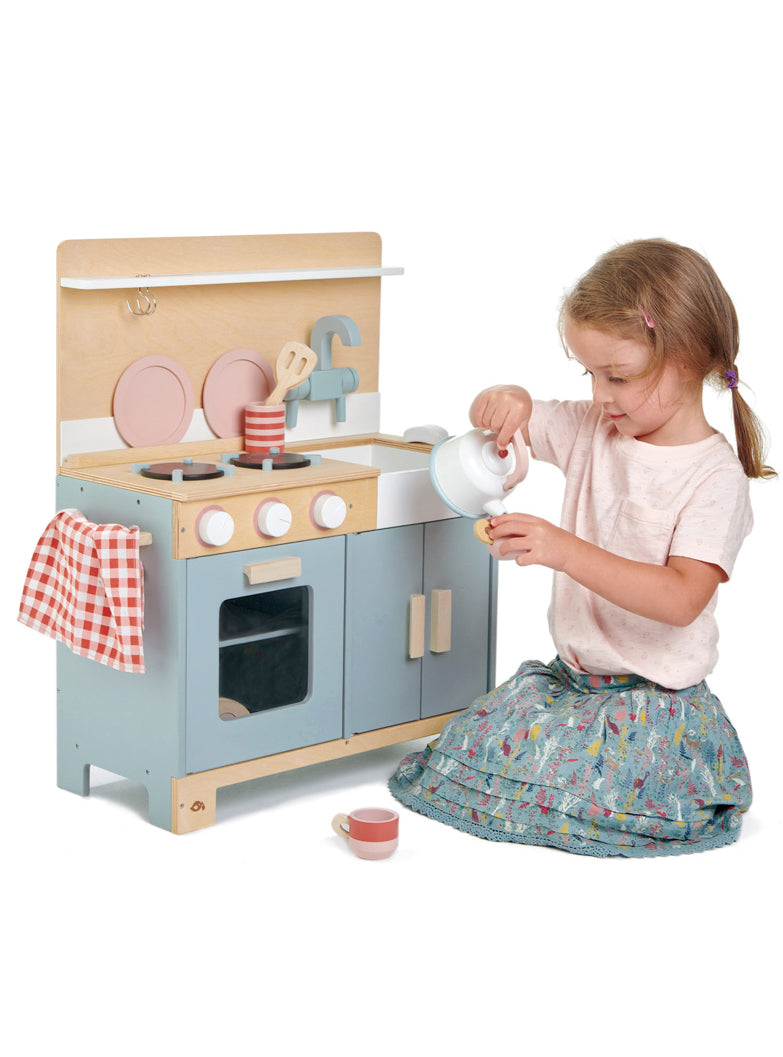 Small Blue Wooden Kitchen Childrens Toy Set - Lifestyle Image 1