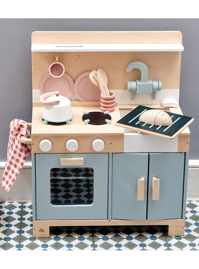 Small Blue Wooden Kitchen Childrens Toy Set - Lifestyle Image 2