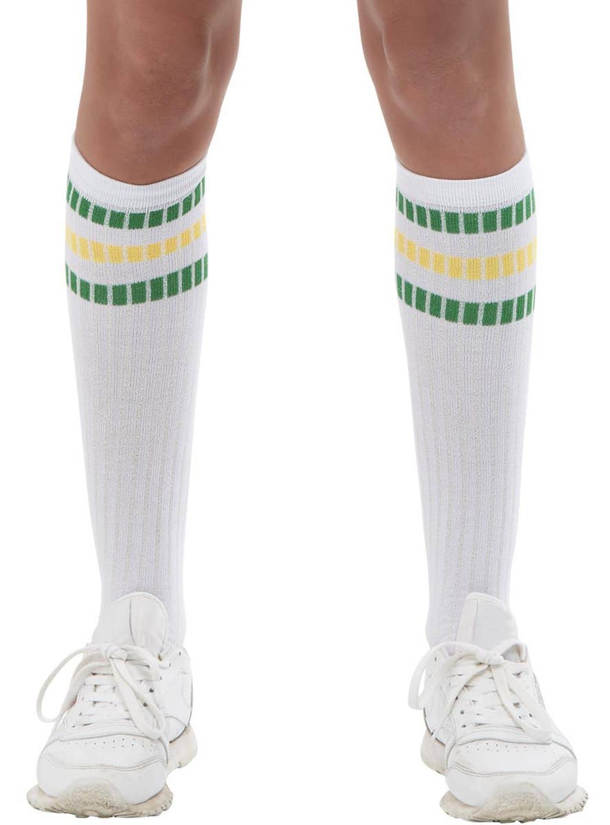 80s Costume Socks White Knee High Socks with Green Yellow Stripes