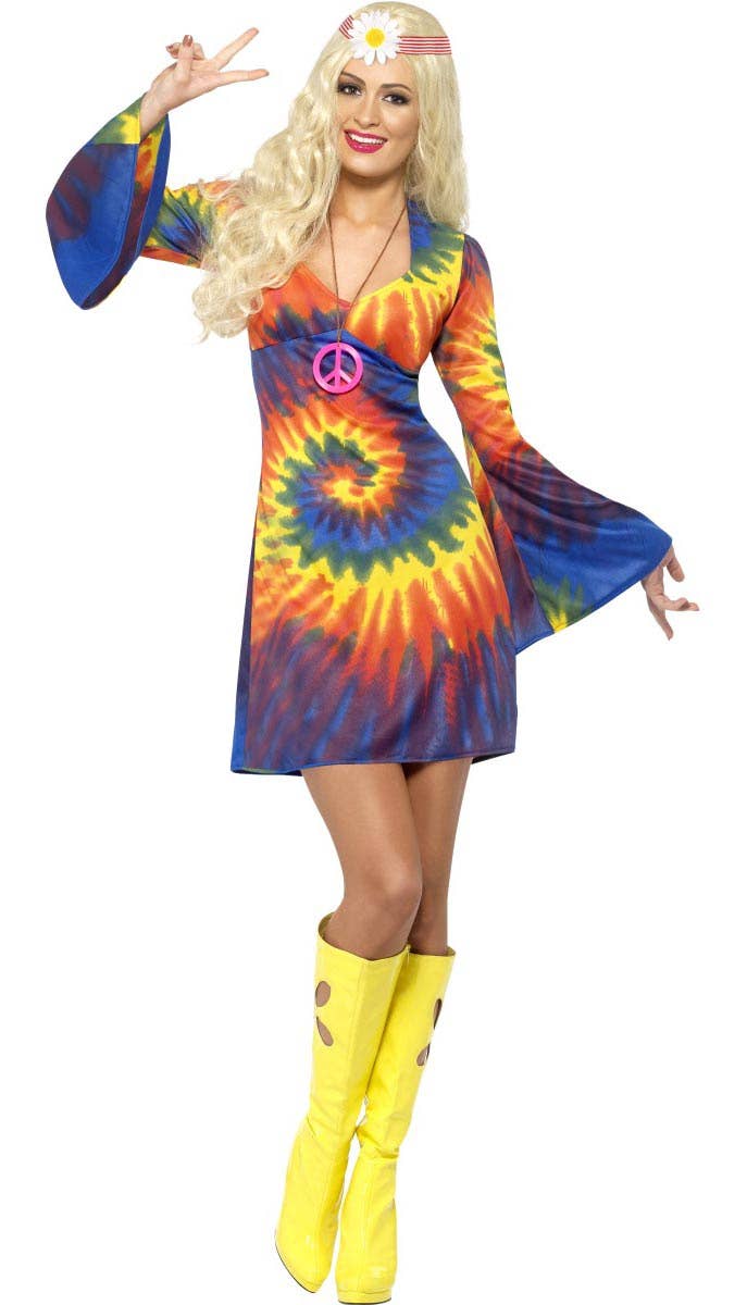 Psychedelic Womens Tie Dye Hippie Costume 60s Dress - Front View