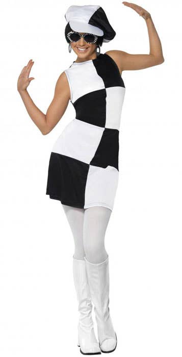 Womens 60s Dress Mod Black and White Retro Costume with Matching Hat - Front View