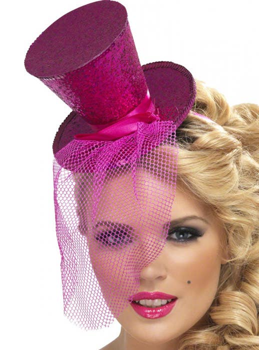 Pink Glitter Mini Top Hat Costume Headband with Detachable Net Veil