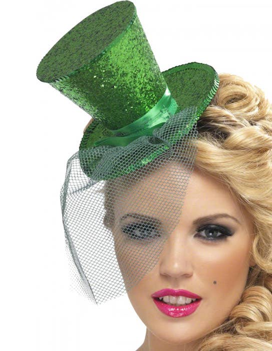 Green Glitter Mini Top Hat Costume Headband with Detachable Net Veil
