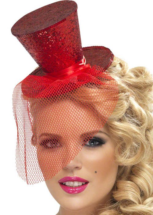 Red Glitter Mini Top Hat Costume Headband with Detachable Net Veil