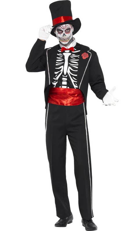 Black and Red Mexican Day of the Dead Halloween Costume for Men - Front View