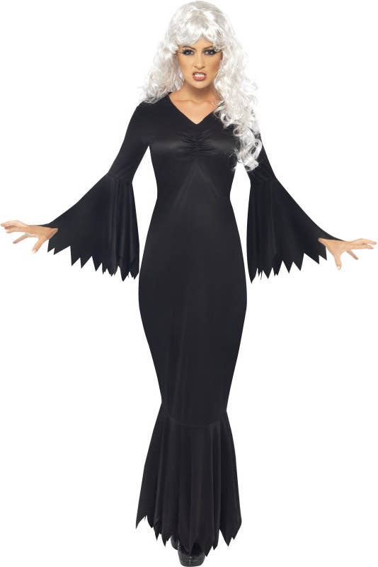 Women's Long Black Sexy Midnight Vampire Halloween Costume Front View