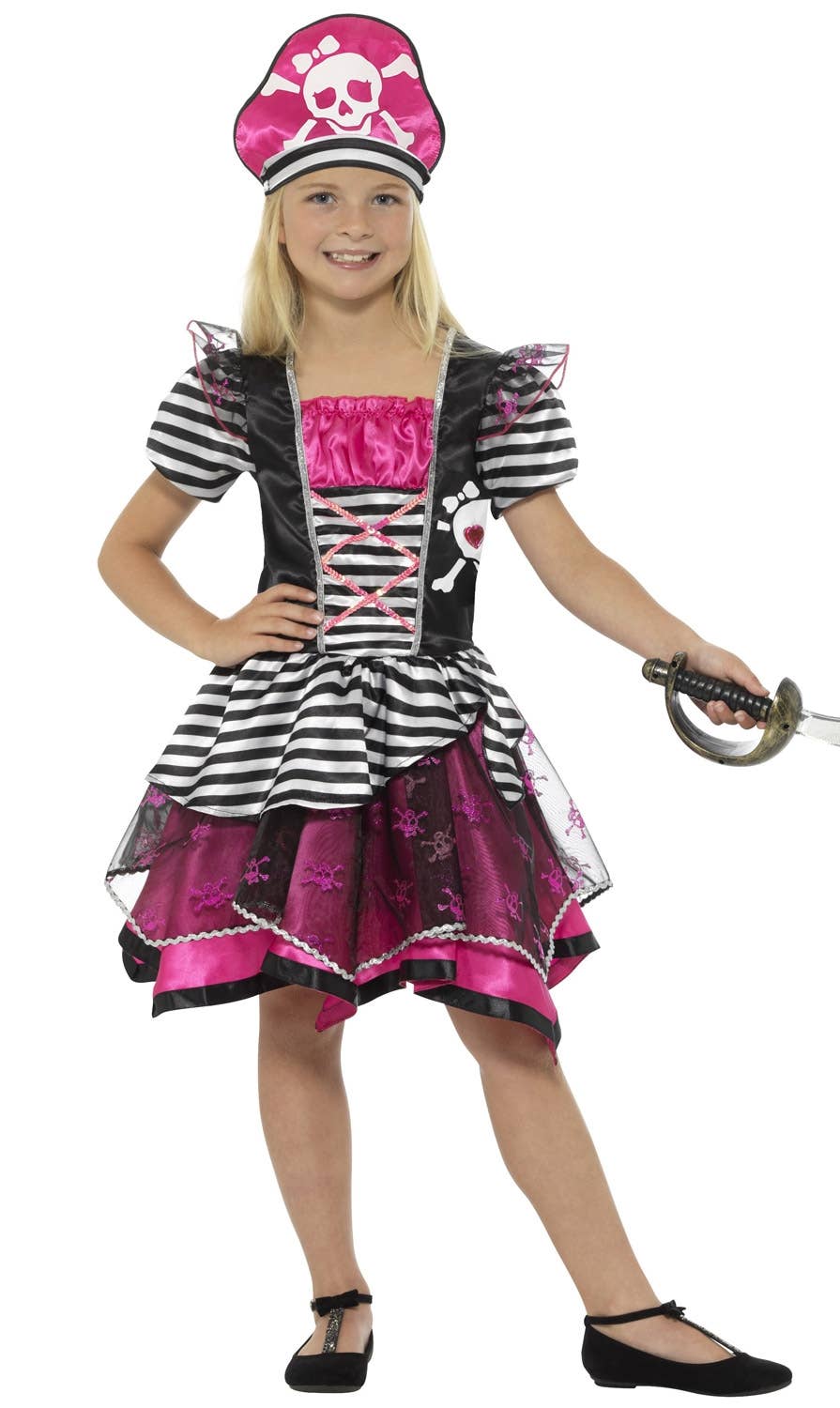 Pretty Pink Pirate Girls Fancy Dress Costume - Front Image