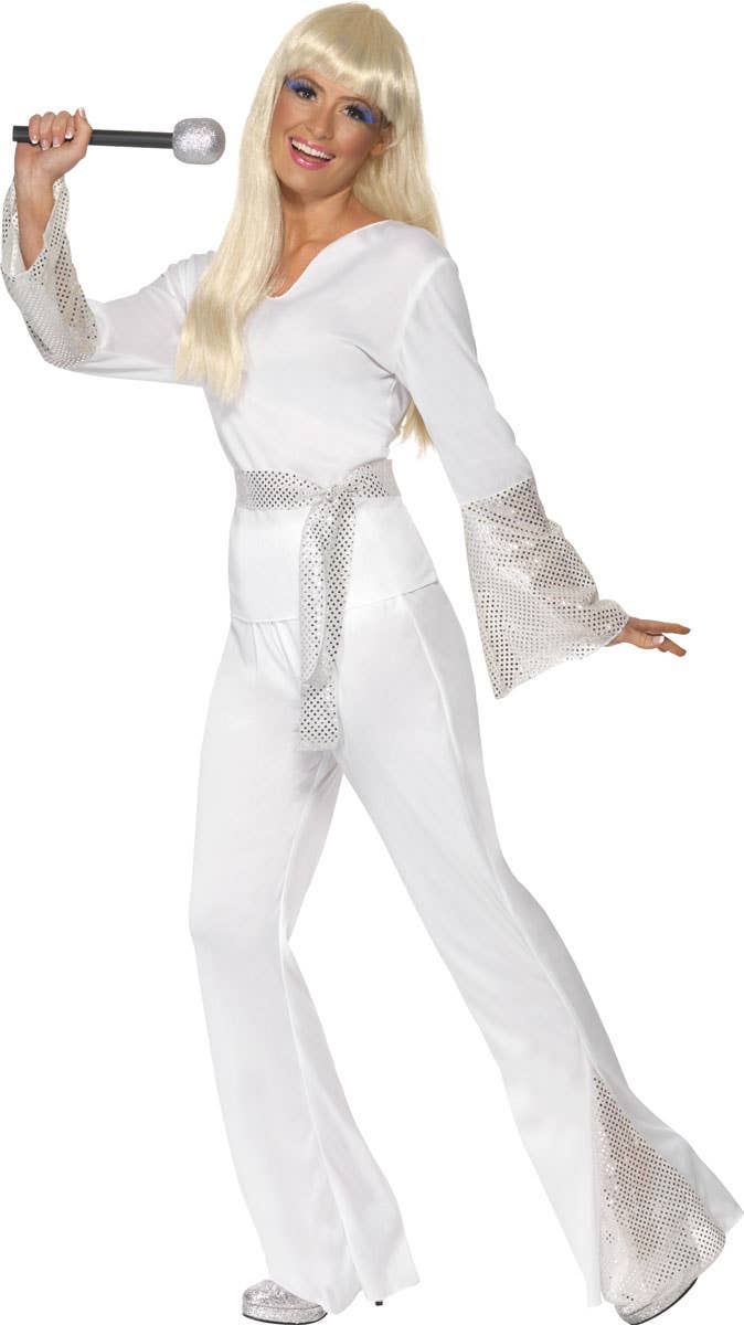 70s Disco Dancer Women's White ABBA Fancy Dress - Front View