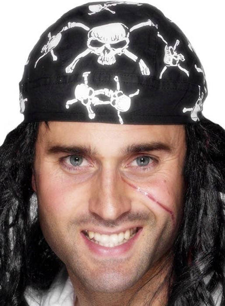 Adult's Black And White Pirate Skull And Crossbones Novelty Bandanna Costume Accessory Main Image