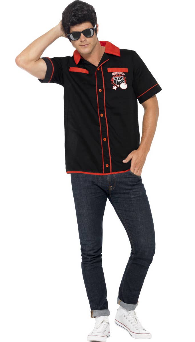 Mens 50s Dress Up Retro Bowling Shirt Costume - Front View