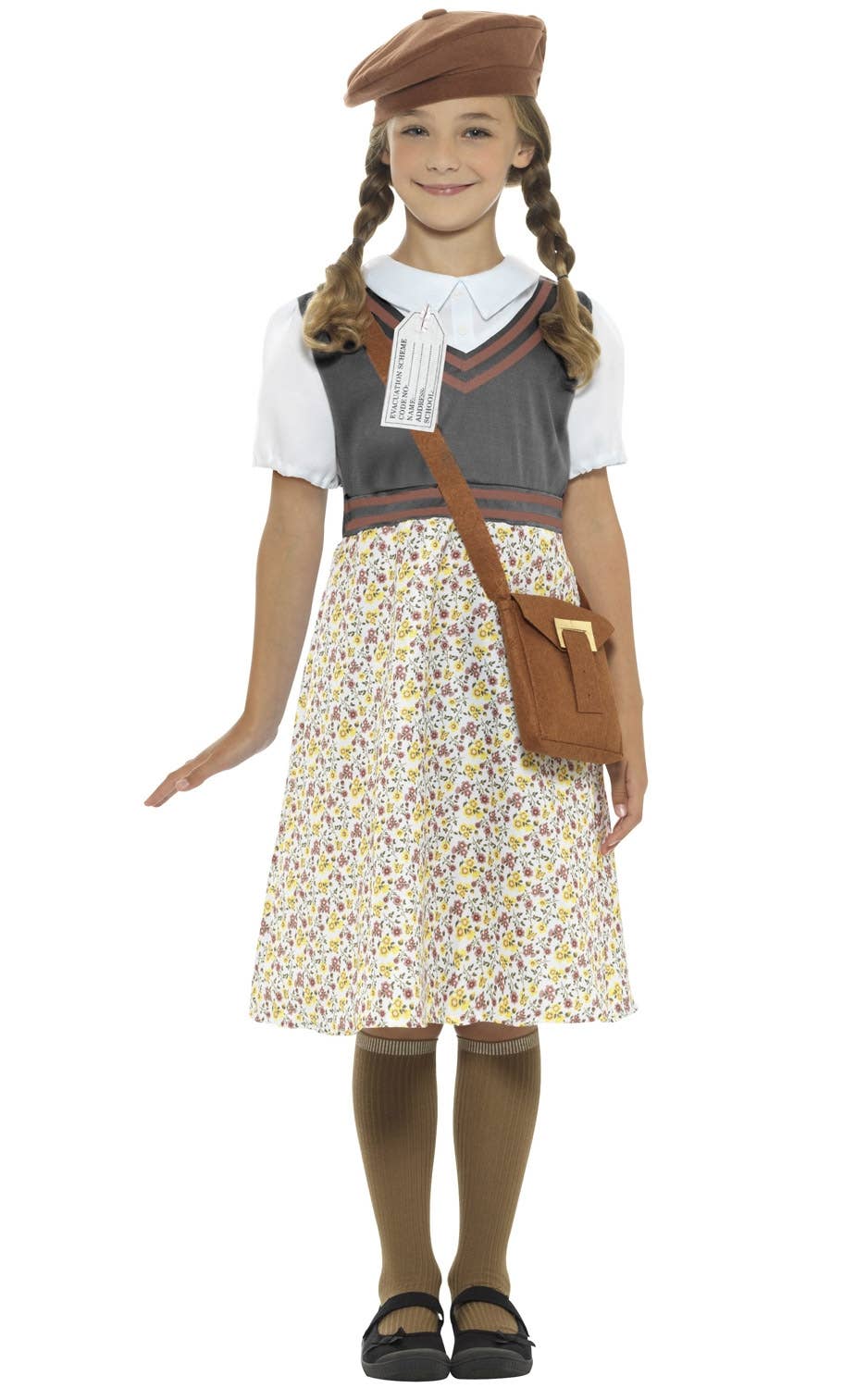 Kid's School Girl War Time Evacuee 1940's Fancy Dress Costume Front View