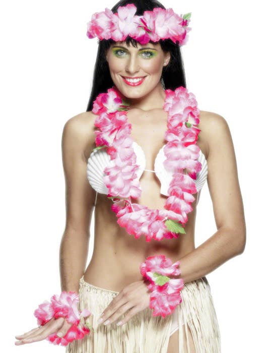 Pink and White Hawaiian Lei with Matching Headband and Wrist Bands Front  Image