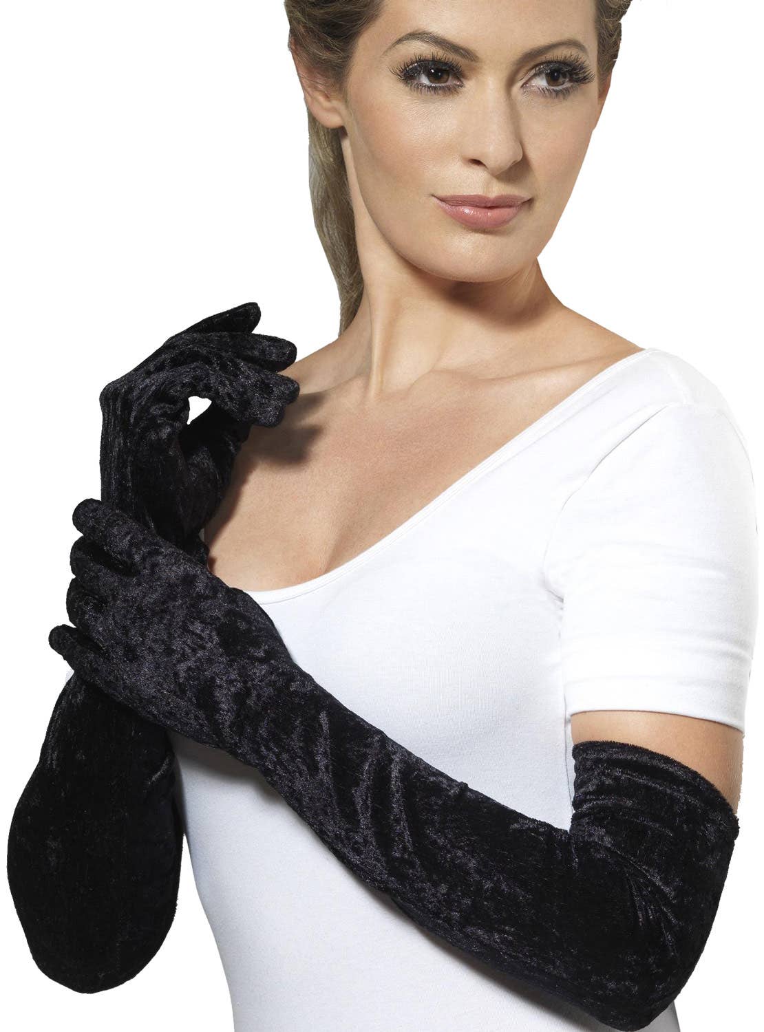 Long Black Elbow Length Women's Velveteen Costume Gloves - Main Image