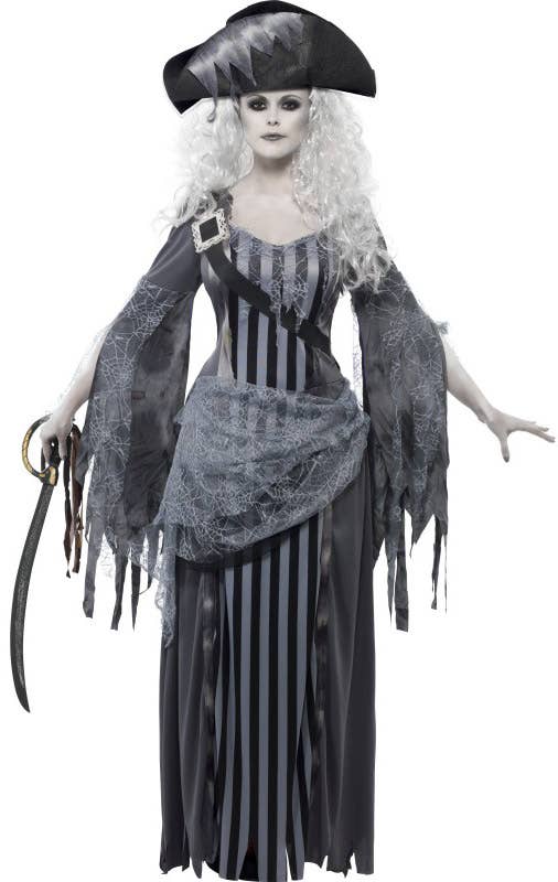 Grey and Black Striped Pirate Women's Halloween Costume - Front View