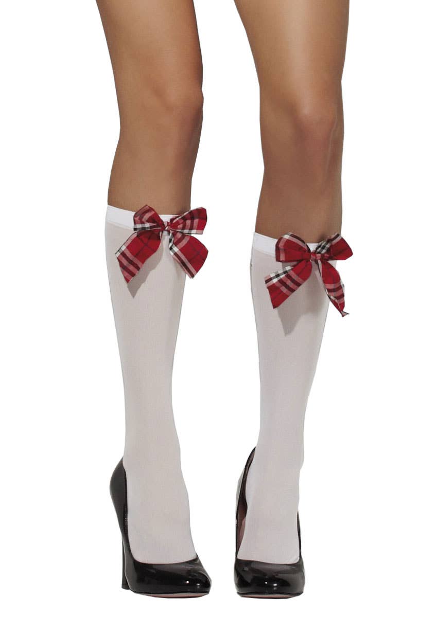 White Knee High Stockings with Tartan Bows Womens Knee High Socks