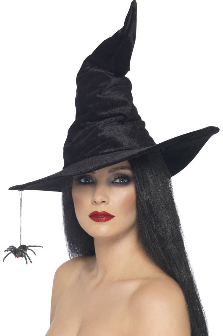 Women's Classic Black Pointy Witch Hat with Dangling Spider