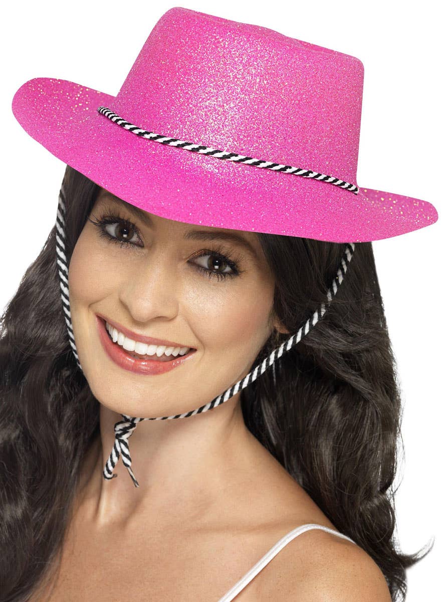 Women's Pink Glitter Cowboy Costume Accessory Hat Main Image