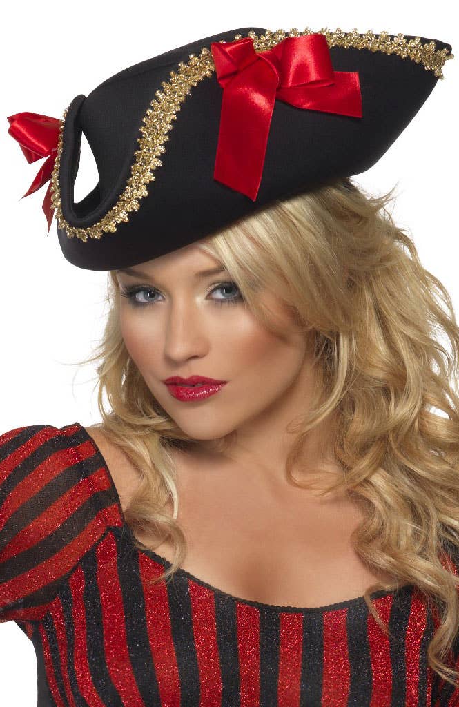 Womens black pirate costume hat with gold trim and red bows 