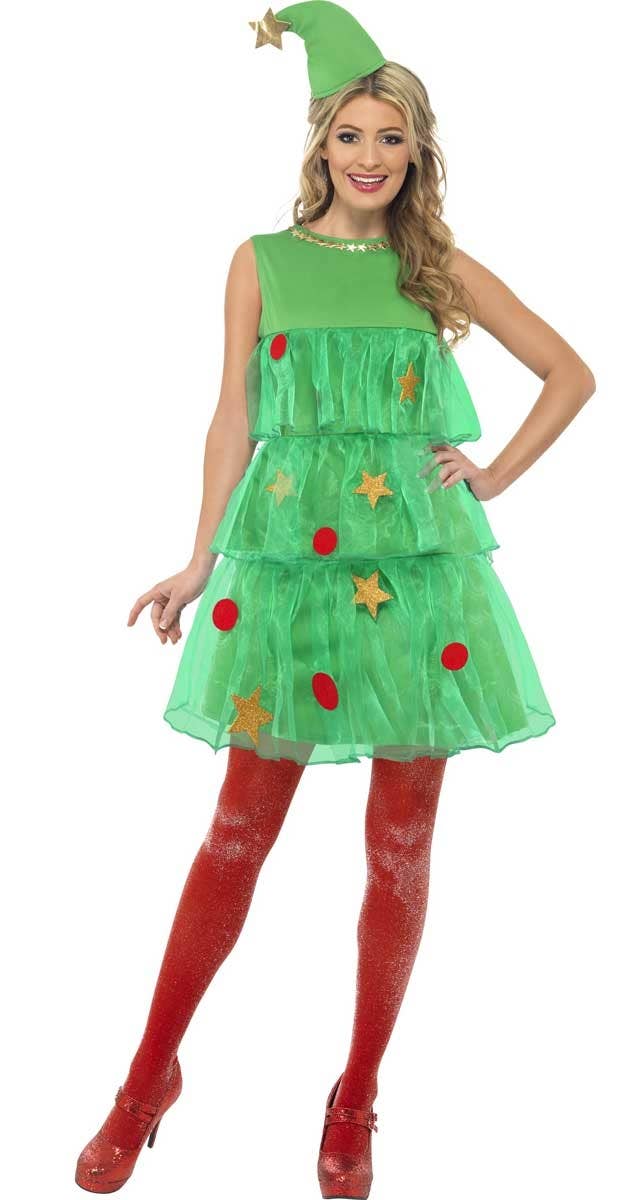 Women's Festive Green Christmas Tree Costume Front Image