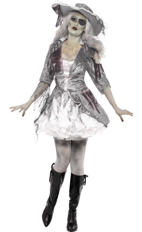 Tattered Grey Lace Women's Ghost Pirate Halloween Costume - Front View