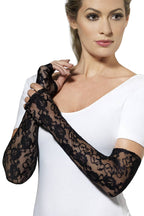 Women's Long Black Lace Fingerless Costume Gloves Main Image