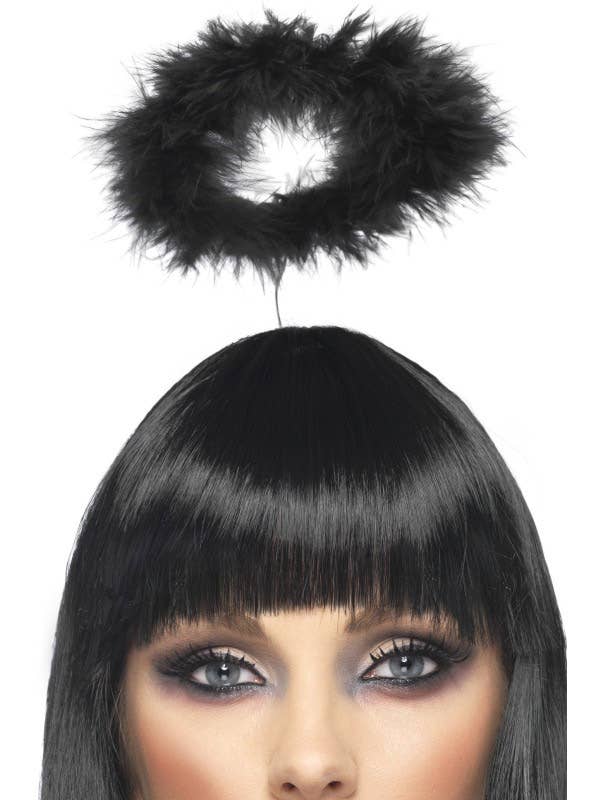 Fallen Angel Black Mini Marabou Feather Costume Halo Close Up Image 