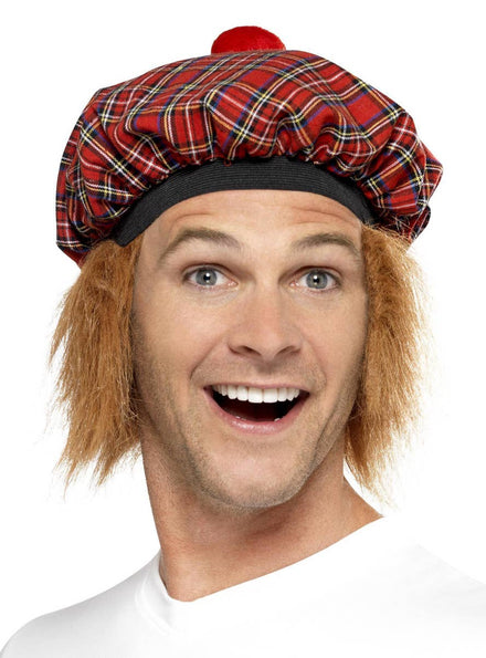 Red Tartan Tam o Shanter Hat with Hair