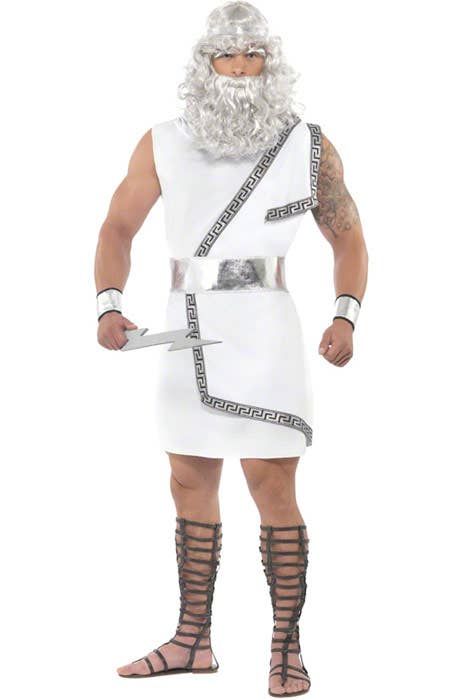 White and Silver Greek God Zeus Toga Costume - Front Image