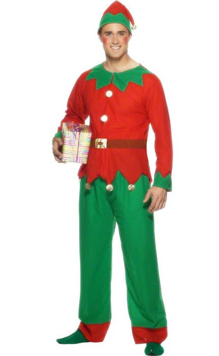 Men's Festive Red and Green Christmas Elf Costume - Main Image