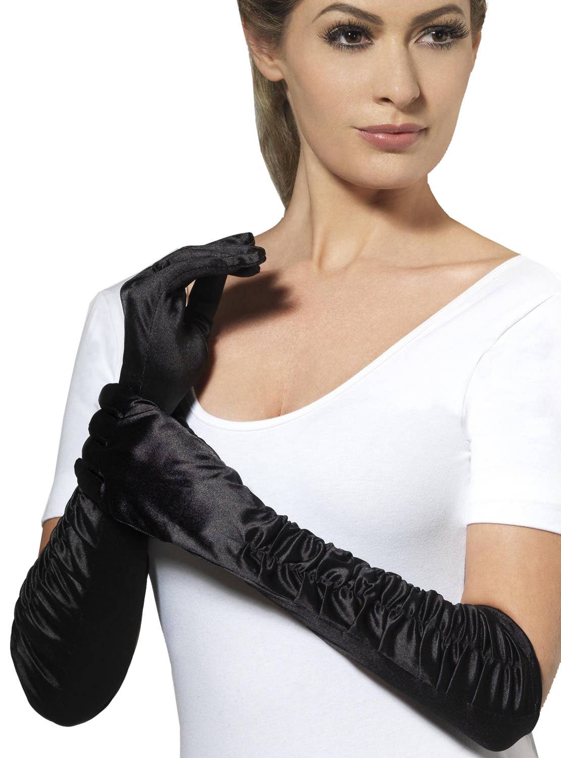 Women's Deluxe Black Satin Elbow Length Gloves With Side Ruching - Main Image