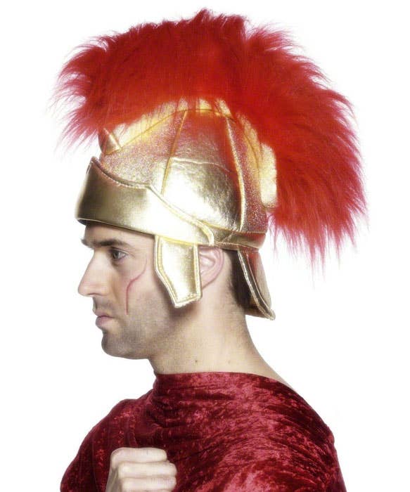 Plush Gold Roman Gladiator Costume Helmet With Red Mane - Main View