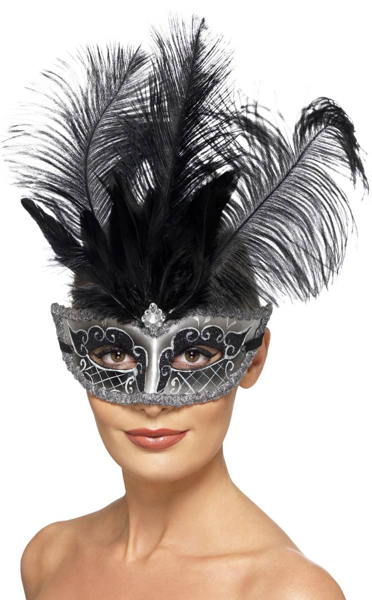 Women's Silver and Black Glitter Masquerade Mask with Extravagant Black Feathers