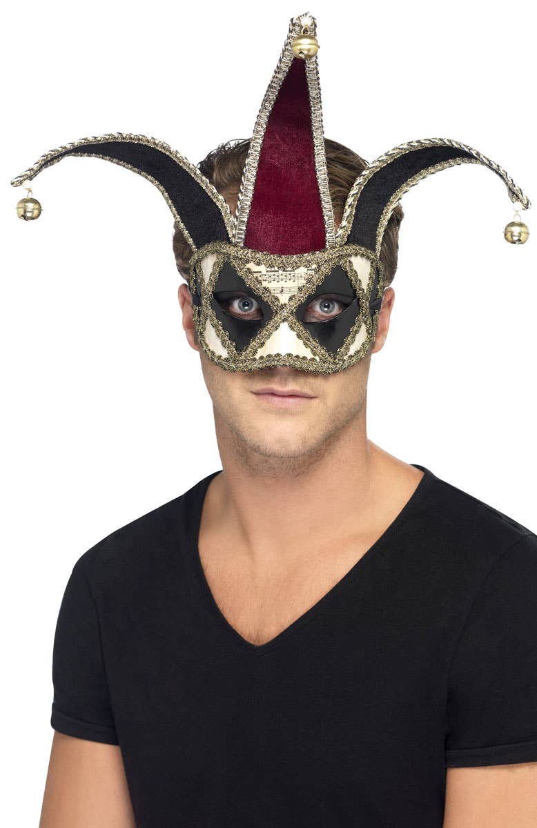 Red and Black Harlequin Jester Masquerade Mask Main Image