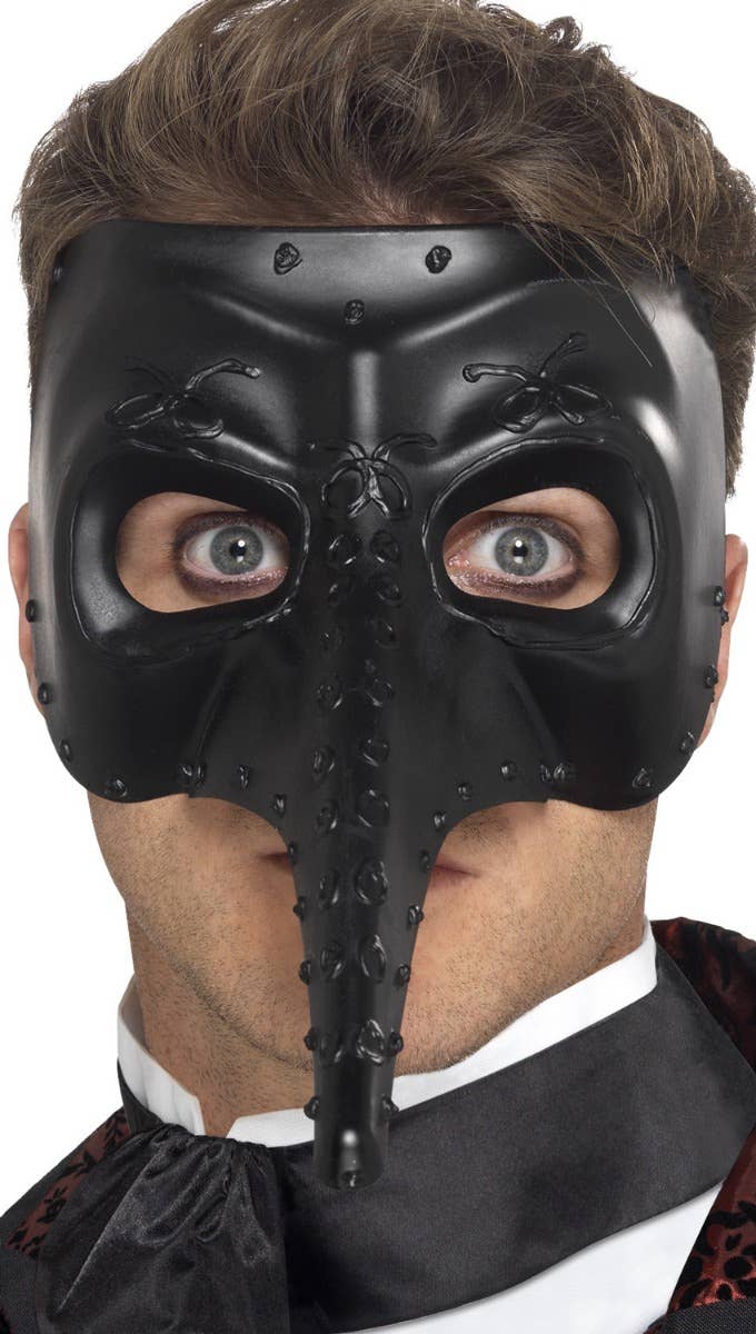 Long Nose Black Venetian Mask | Mens Venetian Masquerade Mask