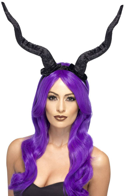 Large Black Velveteen Horns Costume Headband 