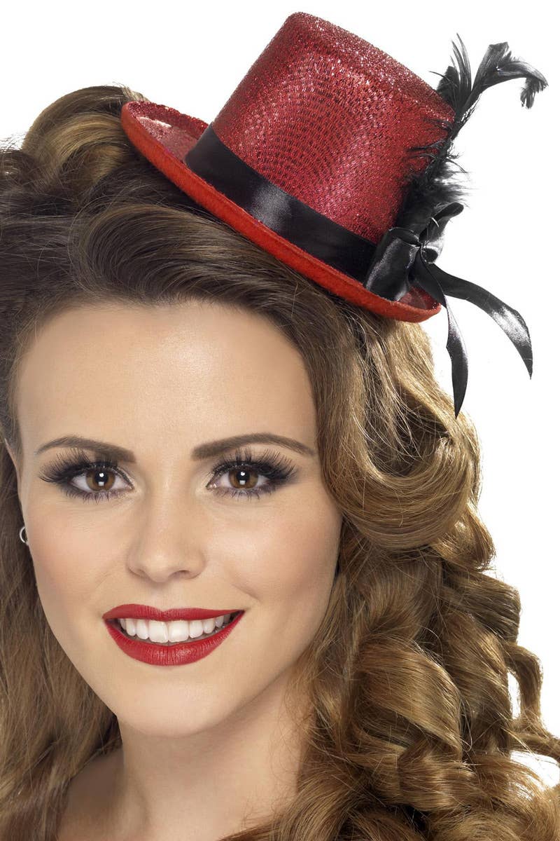 Women's Mini Red Top Hat with Black Feathers