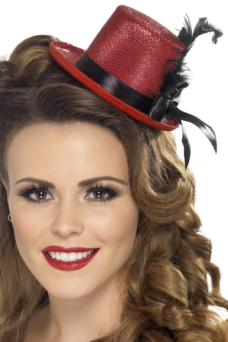 Women's Mini Red Top Hat with Black Feathers