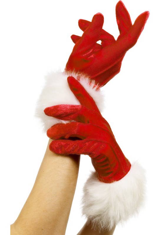 Women's Red Velvet Santa Costume Gloves with Faux White Fur Trim