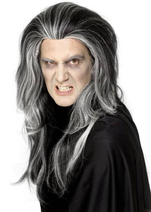 Long Straight Back Brushed Men's Black and White Vampire Halloween Costume Wig