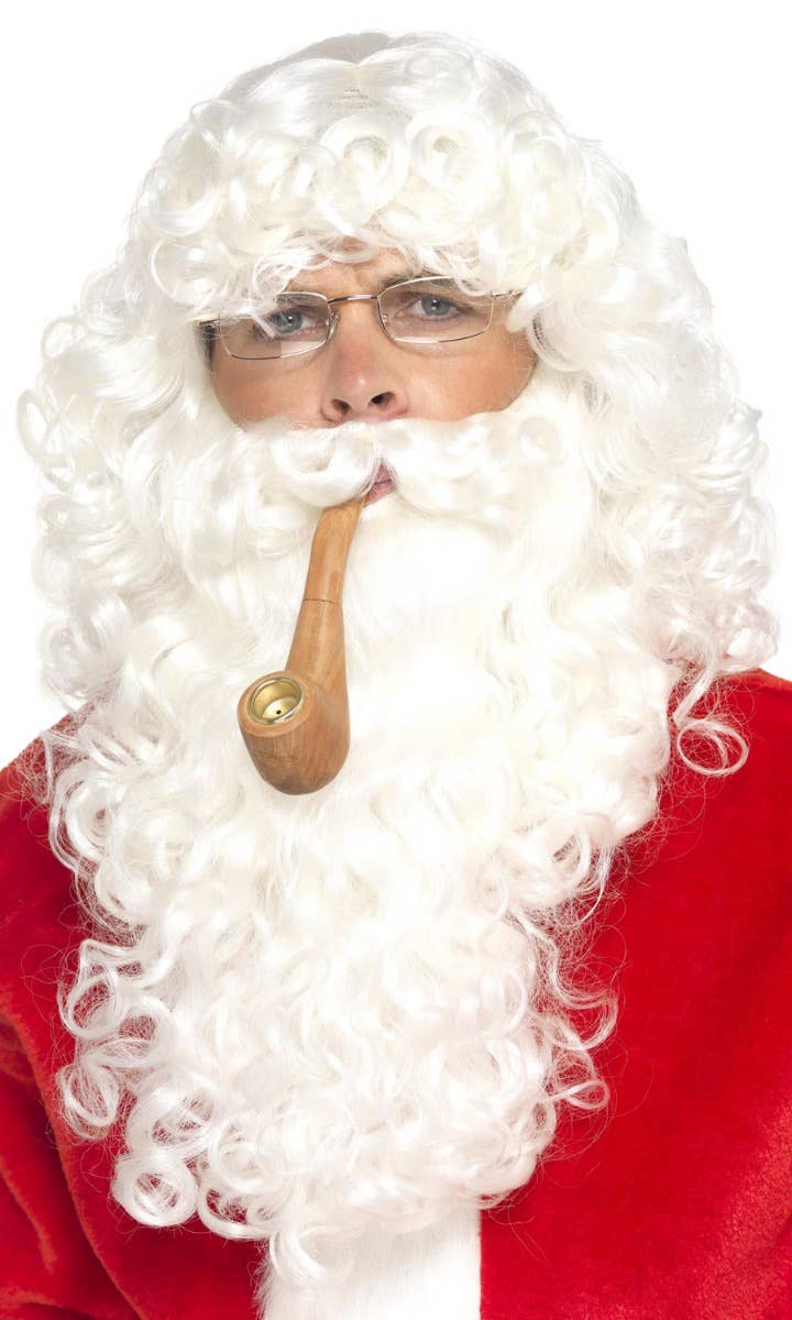 Father Christmas Curly Wig and Beard, Pipe and Glasses Costume Kit Main Image
