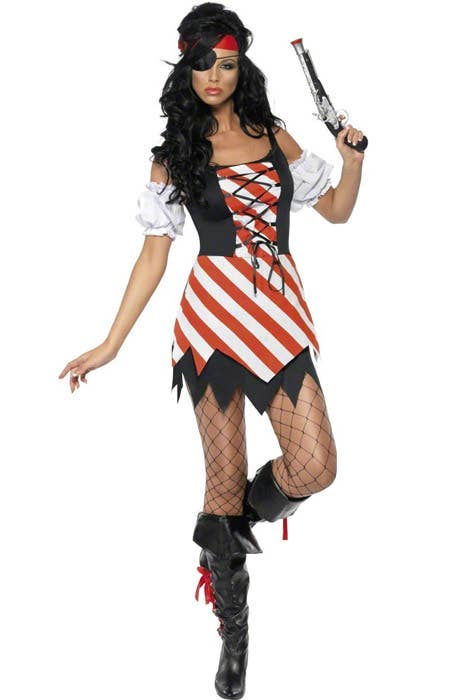 Jagged Black, Red and White Sexy Pirate Fever Costume for Women - Front Image