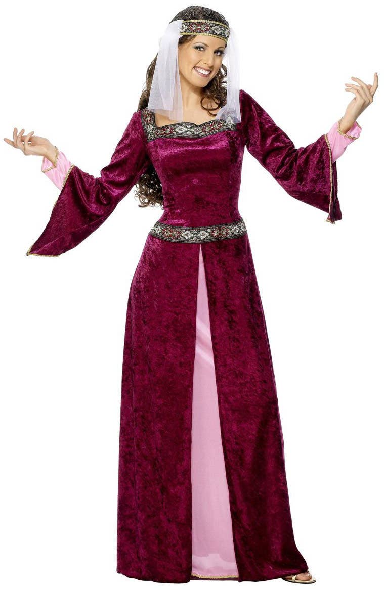 Burgundy Velvet and Pink Long Medieval Dress for Women Main Image