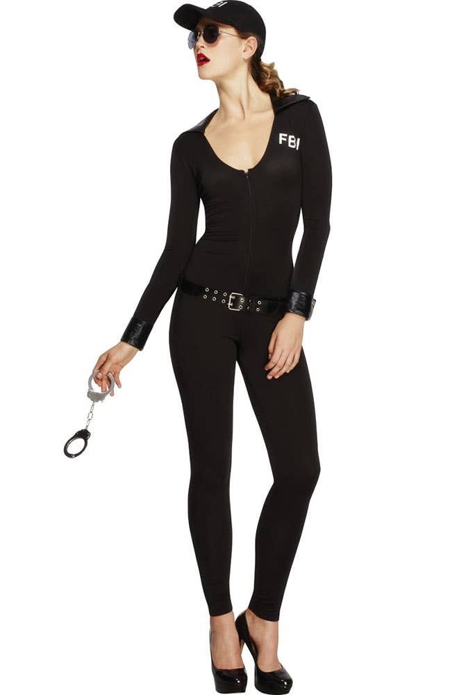 Flirty Women's Sexy Black FBI Costume Jumpsuit - Front Image